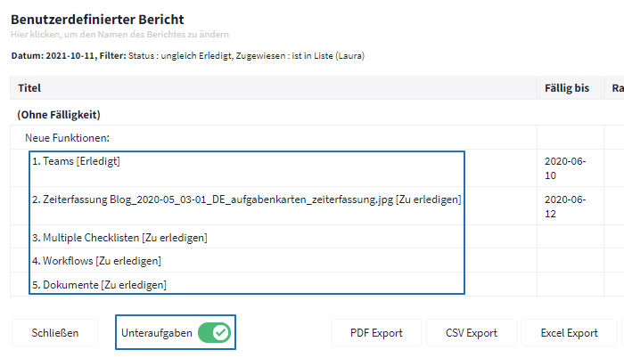 Unteraufgaben im Export einblenden