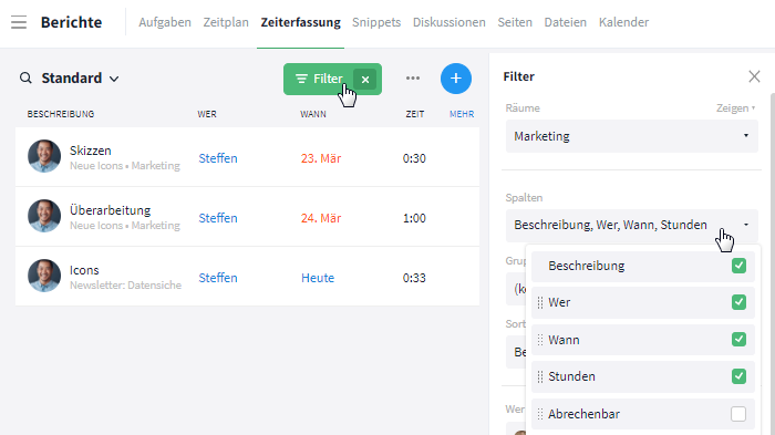Zeiterfassung Filter in den Berichten
