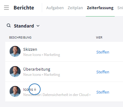 Gesperrter Zeiteintrag in den Berichten