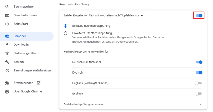 Rechtschreibprüfung in Chrome