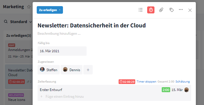 Timer in der Aufgabenkarte