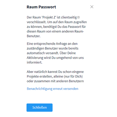 Meldung über fehlendes Raum-Passwort