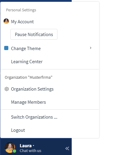 Menu for editing the Organization settings