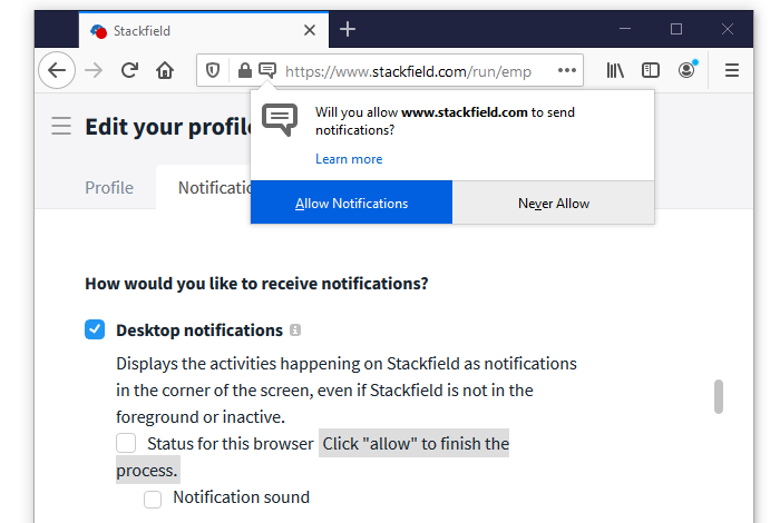 Enabling desktop notifications in the browser