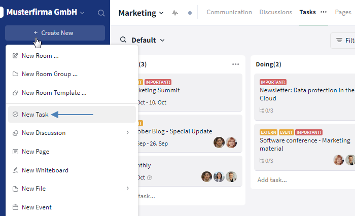 Creating a task via the sidebar