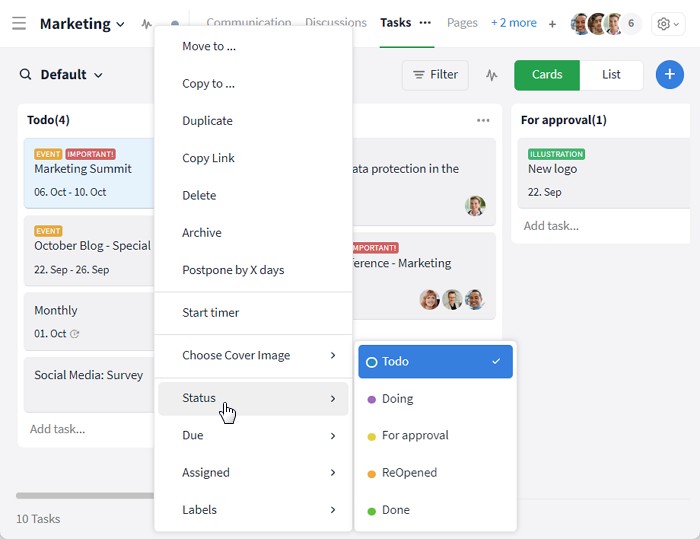 Changing the status of a task in the overview