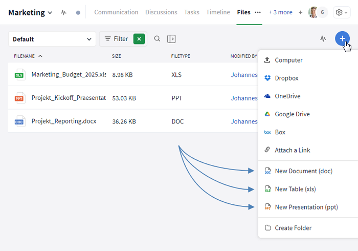 Create new documents in the file overview