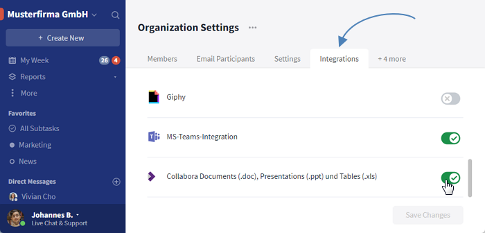 Integration in the organization settings