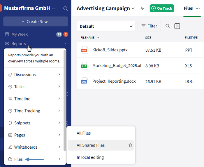 Reports function: Overview of shared files
