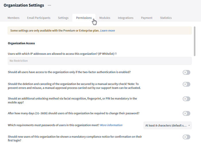 Access Options in the Organization Settings