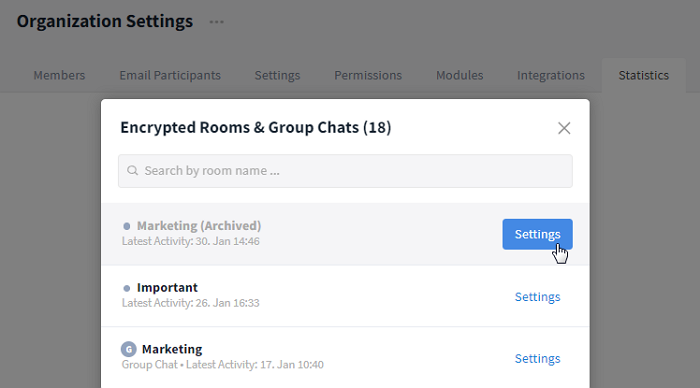 Access room / group chat settings through the list