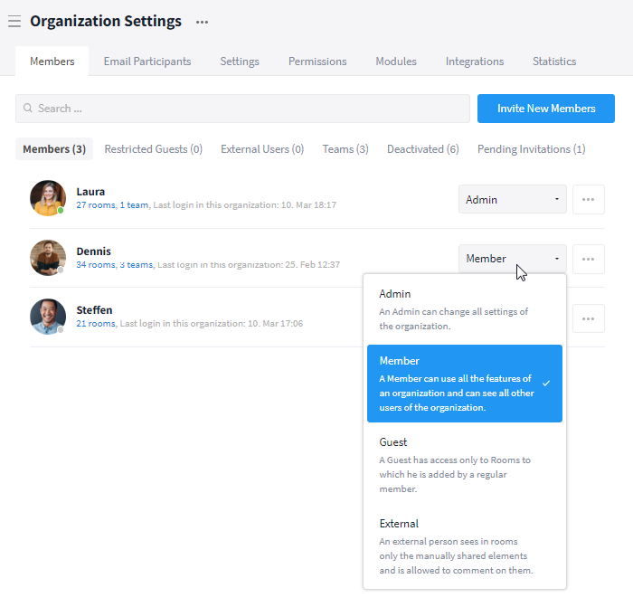 Change user roles within the organization settings