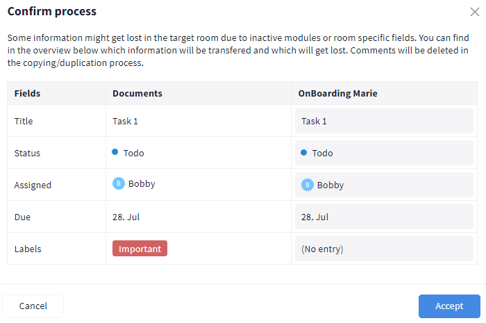 Process confirmation during move