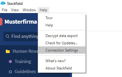 Connection settings Stackfield