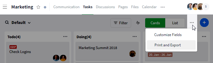 Access data export area within the tasks module
