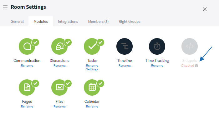Disabled module within the Room Settings
