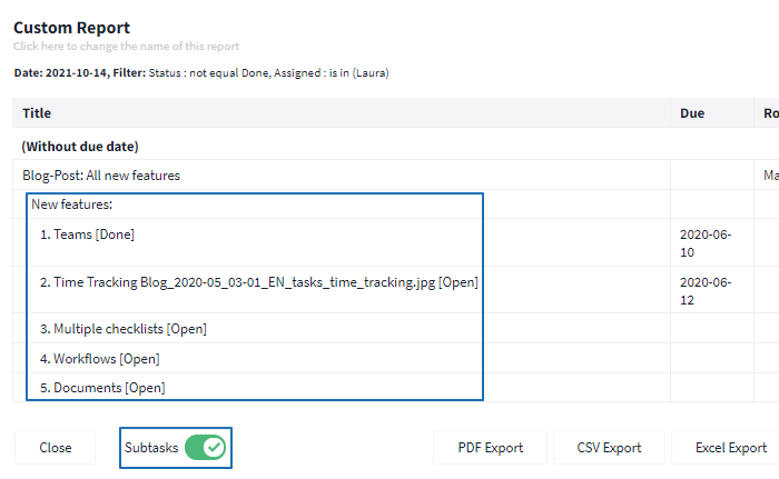 Show subtasks in export