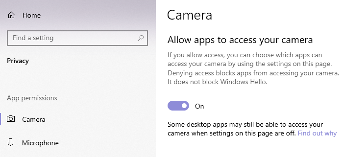 Camera settings privacy Windows