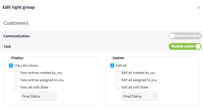 Inactive and active module for the right group