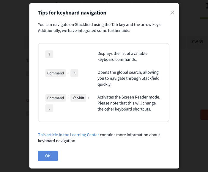 Hints for navigation with tab key